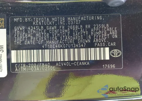 2007 Toyota Camry Le из США, поврежденный, VIN 4T1BE46K07U134547